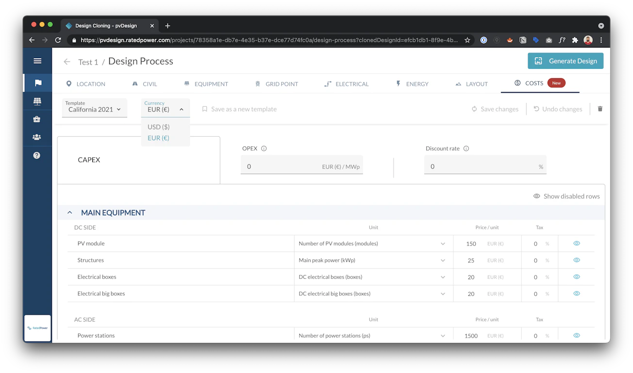pvDesign CAPEX tool