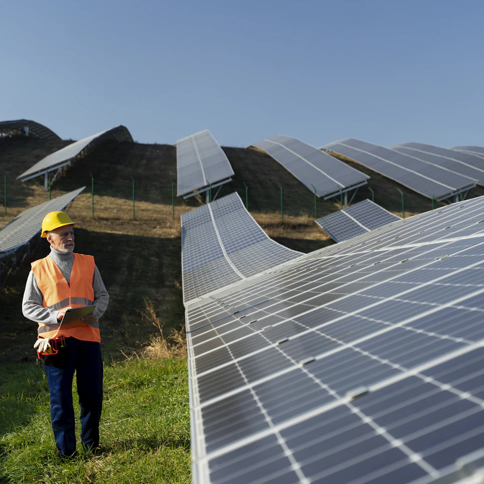 person near solar panel