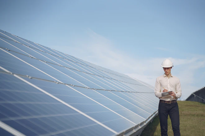 man next to solar panels