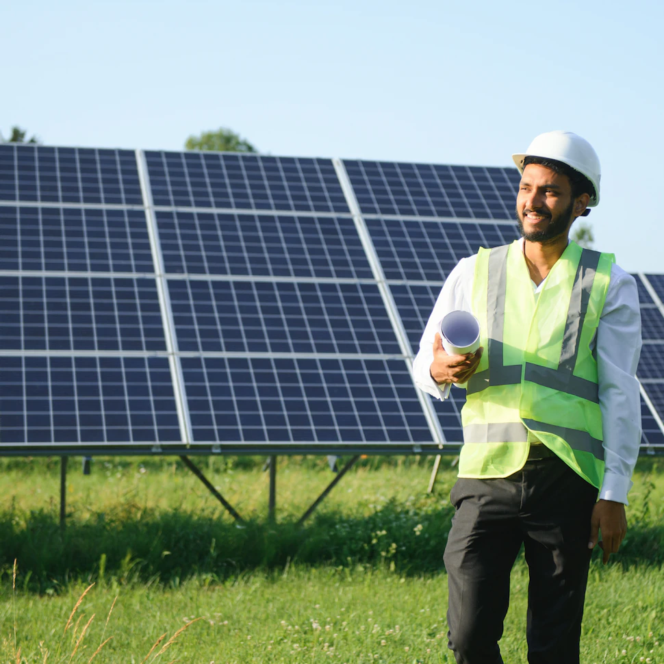 Man in front of solar panels