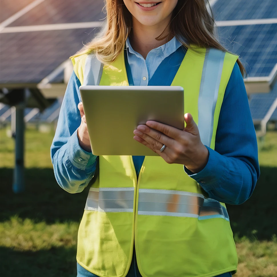 Woman with tablet in front of solar panels