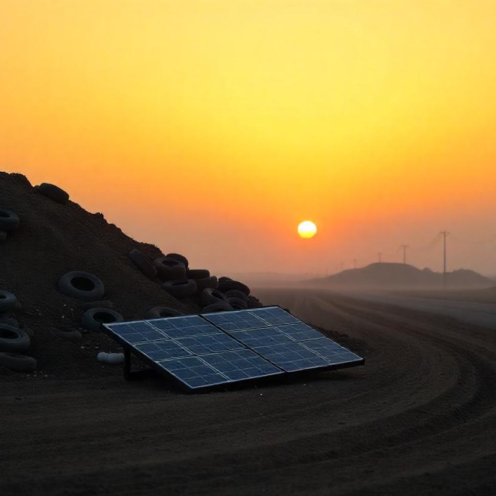 solar panel in a field with trash