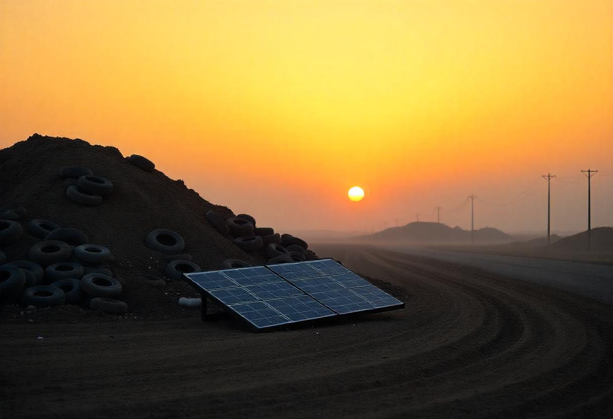 solar panel in a field with trash