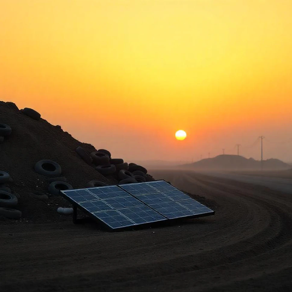 solar panel in a field with trash